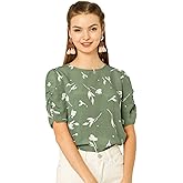 Allegra K Women's Floral Blouse Crew Neck Valentine's Day Casual Shirred Short Sleeve Top
