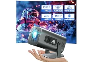 AUBOR MENTECH Mini Projector with WiFi and Bluetooth, 180°Adjustable Stand Portable Projector, Support 2.4G/5G WiFi6, 150" Smart Projector with Android TV 11.0, 1080P, Auto Keyston Outdoor/Home Theater, Iron Grey