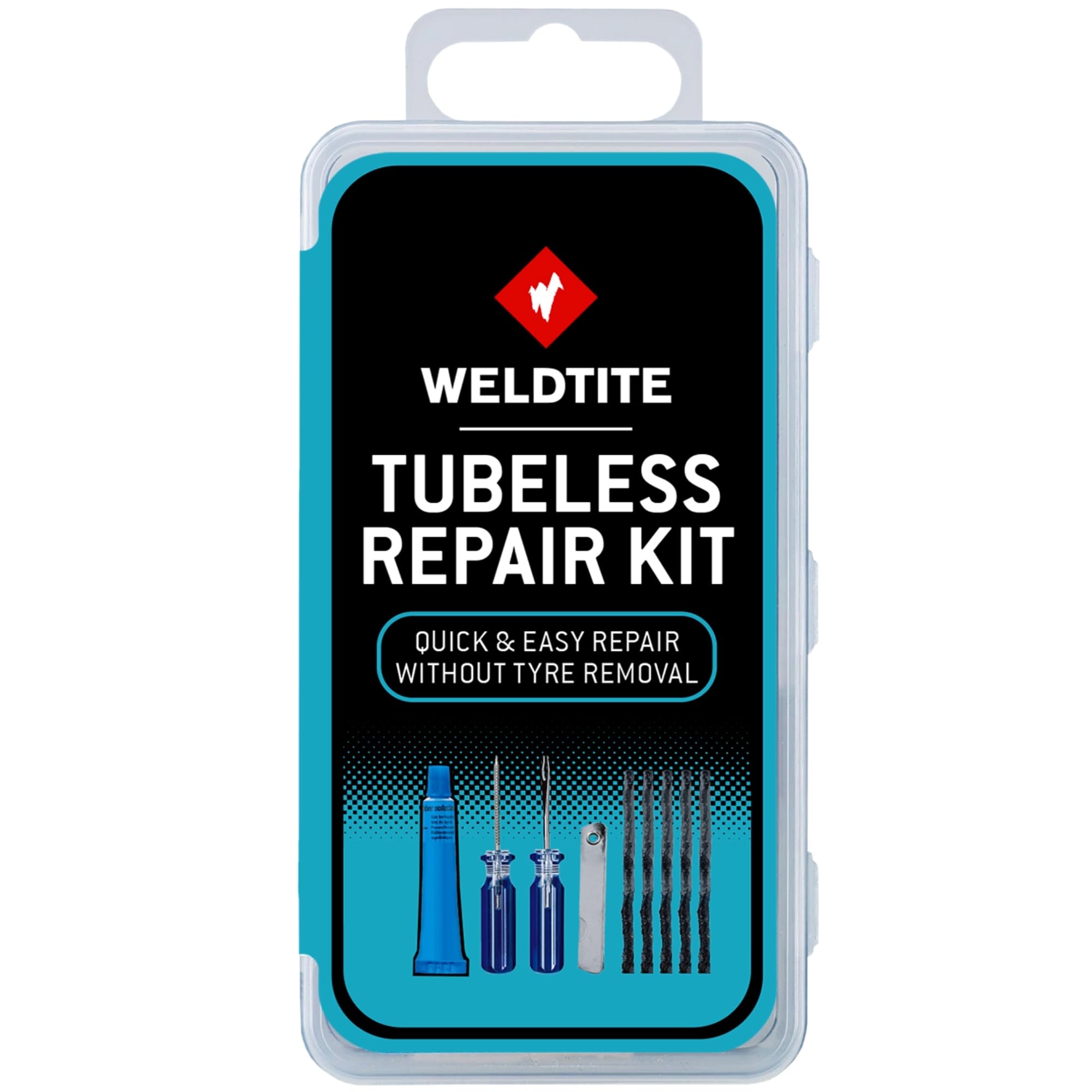 WELDTITE Tubeless Bike Tyre Repair Kit - Quick & Easy Fix Without Tyre Removal - Includes Mending Strings, Rasp & Split Eye Tools, Rubber Solution & Knife