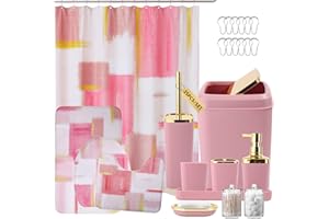 XLHOMO Bathroom Set - Pink and Gold Bathroom Accessories Set, Bathroom Sets with Shower Curtain and Rugs, Pink Shower Curtain Set with Bathroom Trash Can, Soap Dispenser, Soap Dish for Home Decor