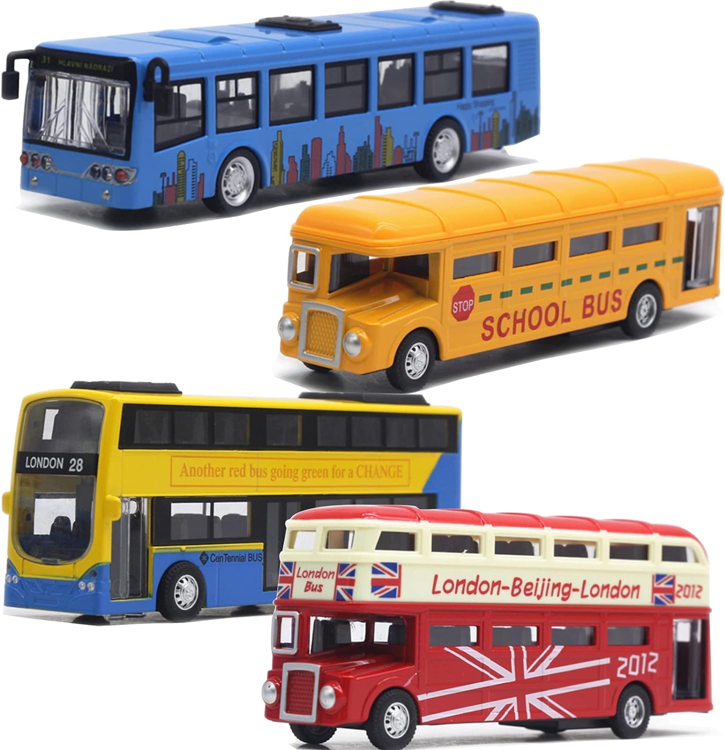 OTONOPI Bus Toy Set Double Decker London Vehicles City Sightseeing Tour School Bus Die Cast Metal Pull Back Toy Cars Friction Powered Gift for Kids Pack of 4