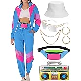 VillbeCoser Women's 80s 90s Outfits Tracksuit Costume Accessories Set, Color Block Windbreaker Jacket Neon Fanny Pack