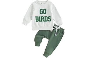 Gueuusu Toddler Baby Boy Girl Fall Winter Outfits Go Birds Fuzzy Embroidered Sweatshirt Top Pants Football Game Day Clothes