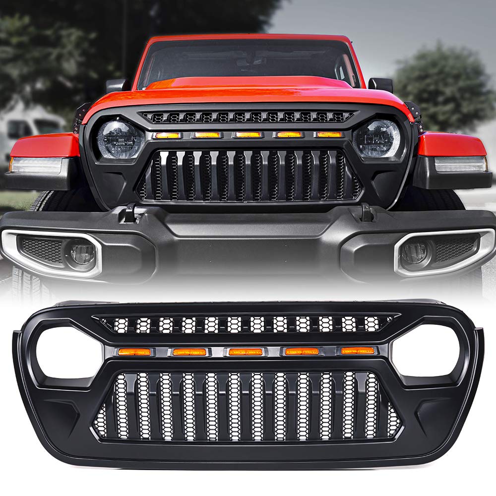 Xprite Front Grille with Amber LED Running Lights Black Gladiator Grill Compatible with 2018-2021 Jeep Wrangler JL JT Image