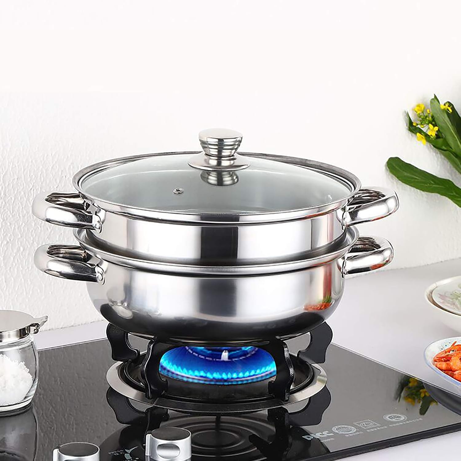 Steamer Pot Stainless Steel 2 Tier - 28cm Steamer Pot w/Glass Lid Food Veg Cooker Pot Cooking Pan Steaming Pot Dim Sum Cookware Steamer For Kitcken Cooking Tool: Kitchen & Dining