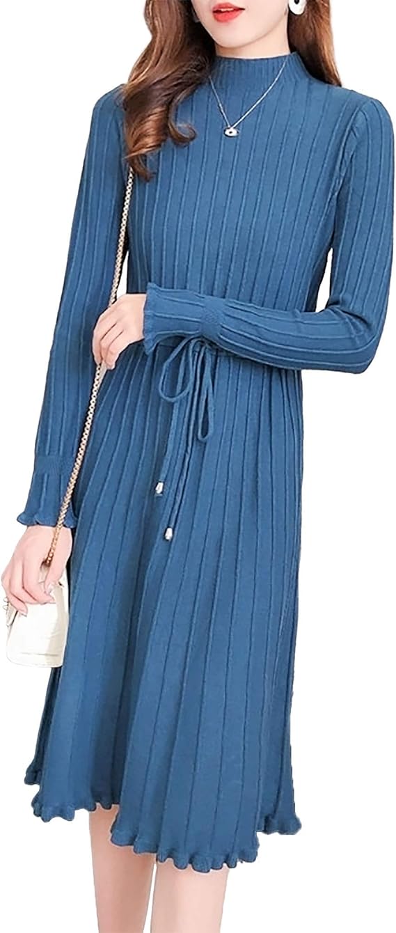 Amazon Co Jp ユアスタ ニットワンピース 女性らしい雰囲気 スタイルよく見せる シンプル プリーツ 長袖 冬 タートル ひざ丈 白 ブルー Free 服 ファッション小物