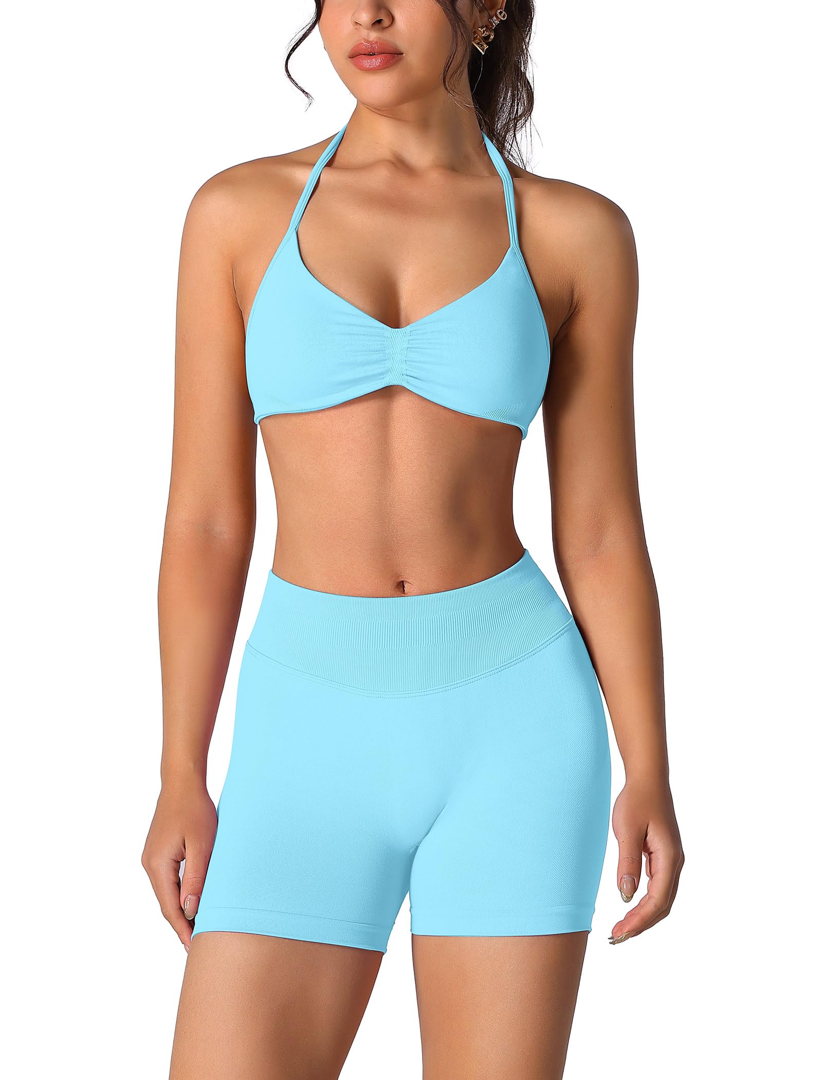 Photo 1 of ABOCIW Workout Sets for Women 2 Piece Seamless Scrunch Butt Lifting High Waist Impact Gym Shorts Matching Halter Sports Bra Active Wear Yoga Outfits #1 Ice Blue Small