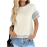 Milumia Women's Striped Trim Short Sleeve Sweater Ruffle Crew Neck Knit Top
