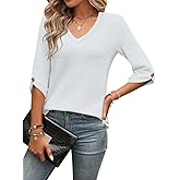 TICTICMIMI Womens Tops 3/4 Length Sleeve V Neck Casual Trendy Button Tunic Tops Summer Basic T-Shirts Loose Fit Pullover
