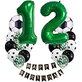 Soccer Birthday Party Decorations Kids Boys Girls Soccer Ball Themed 12 Year Children's Birthday Decoration Number 12 Balloon Garland, Soccer foil Balloon, Green Balloon Soccer Themed Celebration