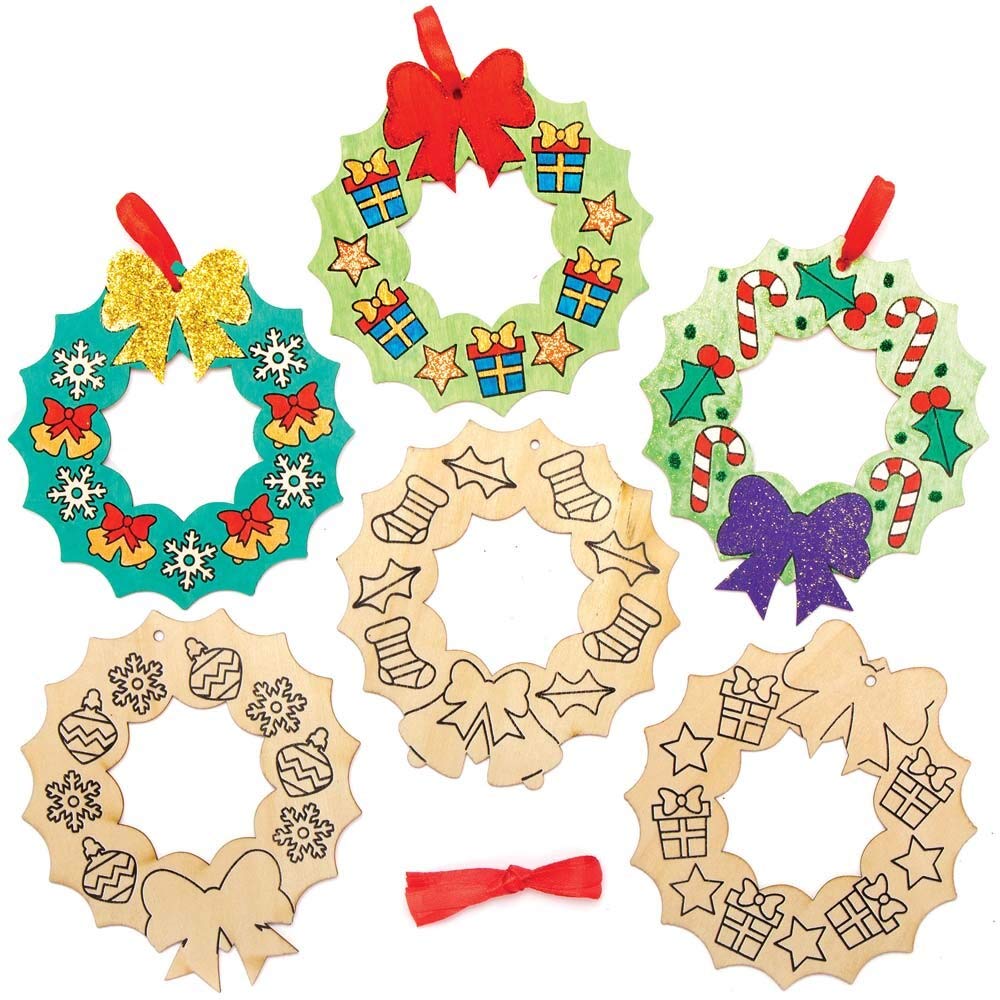 Baker Ross Christmas Wreath Wooden Decorations - Pack of 10, Kids Christmas Wood Craft Decoration Kits (AX506)