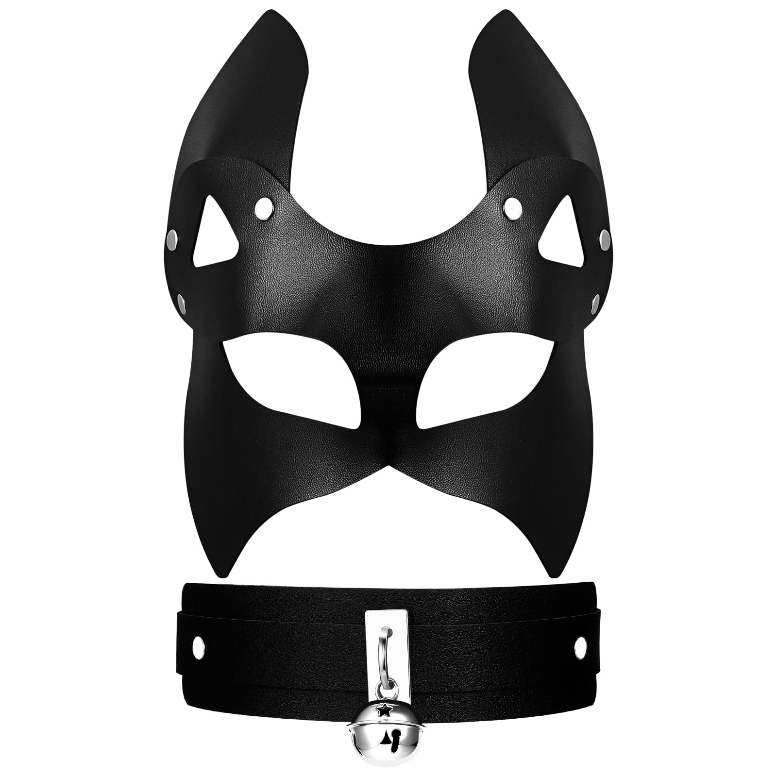 Flonge Fox Leather Mask Set: Fox Masquerade Mask and Wide Collar Choker with Bell Halloween Cosplay Costume Accessory for Women