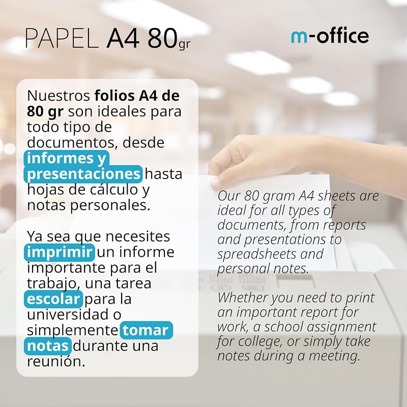 Paquete Folios A4 80gr, Paquete de 500 hojas, Papel Multifunción para Impresora Inkjet y Láser, Hojas A4 210 x 297 mm Ideales para la Oficina como para el Hogar · m-office (500 hojas)