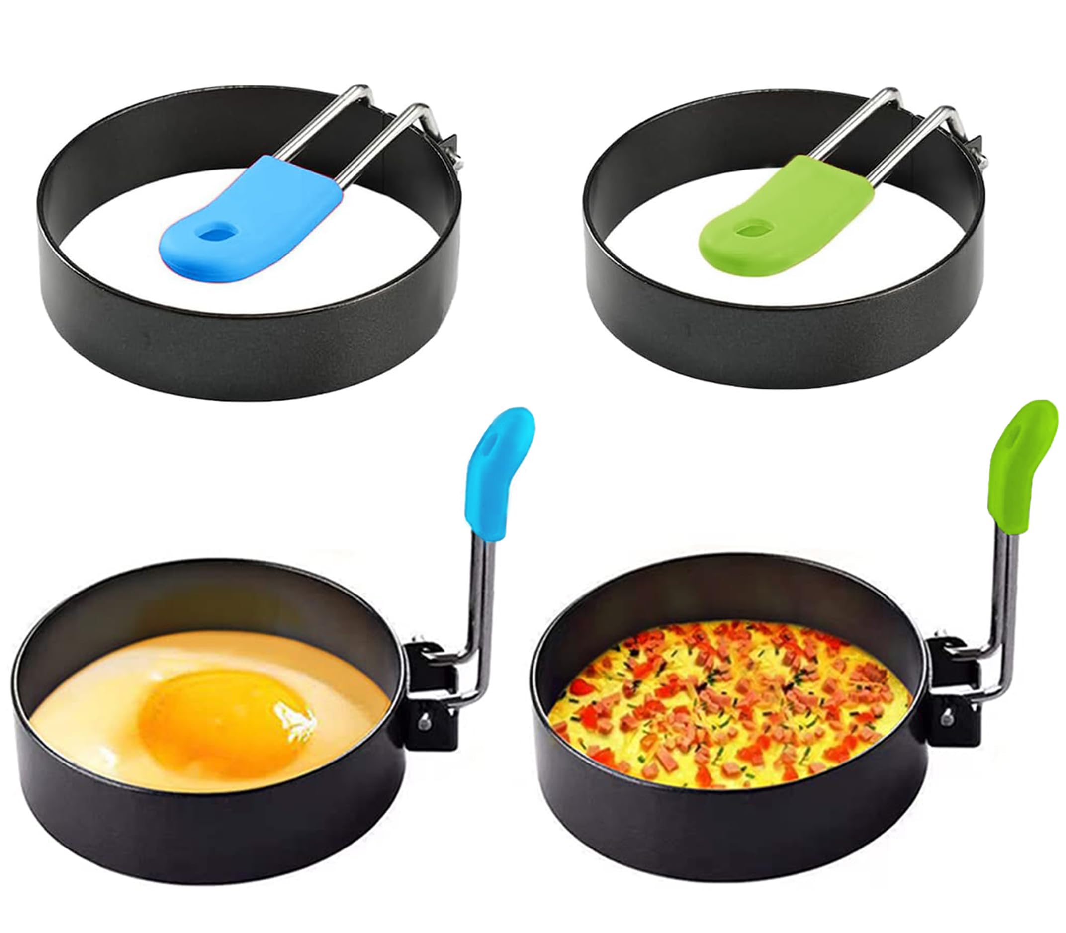 4 Pcs Egg Rings for Frying, Stainless Steel Egg Ring with Anti-Scald Folding Handle, Non Stick Coating, Suitable for Egg Frying, Shaping, Pancakes, Mini Burger