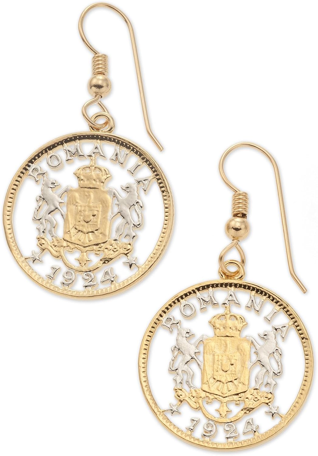 Romania Coin Earrings, Romania Coin Hand Cut, 14 Karat Gold
