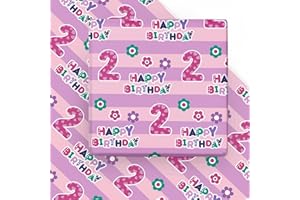 WRAPAHOLIC 2nd Birthday Wrapping Paper Sheet - 6 Sheets Pink Happy Birthday with Floral Design Folded Flat for Birthday, Party, Baby Showers - 19.7 Inch X 27.5 Inch Per Sheet