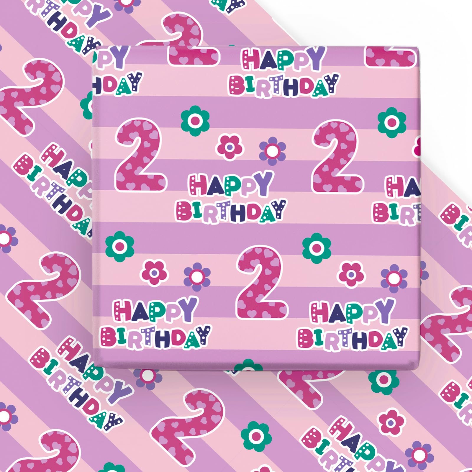 Photo 1 of *2 pack* WRAPAHOLIC 2nd Birthday Wrapping Paper Sheet - 6 Sheets Pink Happy Birthday with Floral Design Folded Flat for Bday, Party, Baby Showers - 19.7 Inch X 27.5 Inch Per Sheet