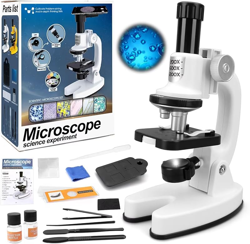 deAO 1200X Kids Microscope Kit LED Mobile Phone Adapter STEM Toy Magnifying