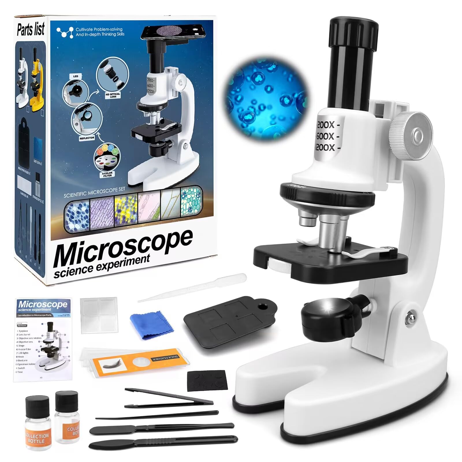 deAO Microscope for Kids 1200X High-Power Science Microscope Kit with LED Light Mobile Phone Adapter 3D Slides, Magnifying Glass, Test Tubes, Color Filters, Stem Toys Science Explorer Tool, 8+ Years