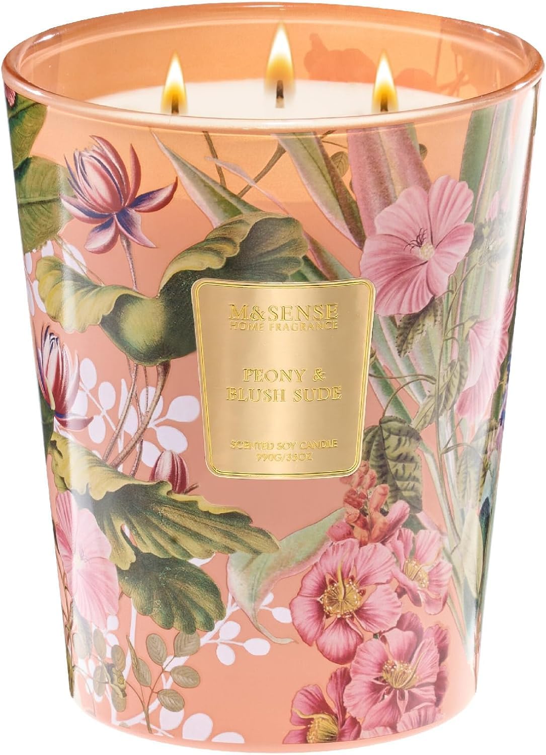 M&SENSE Peony Blush Sude Soy Scented Candle, 990g, 3-Wick, 150H Burn Time, Gift Boxed, Home Fragrance