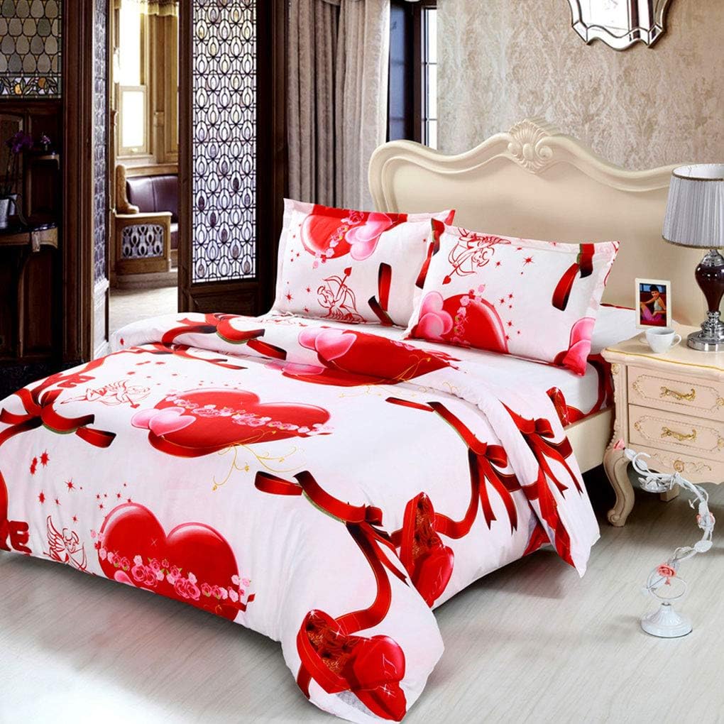 VITALE 3D Bedding Set Twin Size Heartbeat Cupid Printed Duvet Cover Flat Sheet Set, Twin,Red White