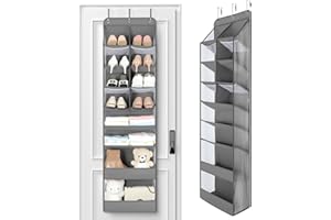 Yecaye Over the Door Shoe Organizer Hanging with Large Pockets, 8 Tier Back of Door Storage for Nursery, Closet and Bathroom, Partition Behind Door Organizers Shelf with Baby Clothes (1 Pack, Grey)