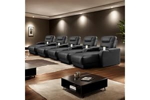 HOLYFIND Home Theater Seating Oversized Recliner Chair Faux Leather Recliner Sofa Comfy Home Theater Chairs Power Loveseat Recliners with Cup Holder (Black, Row of 5)