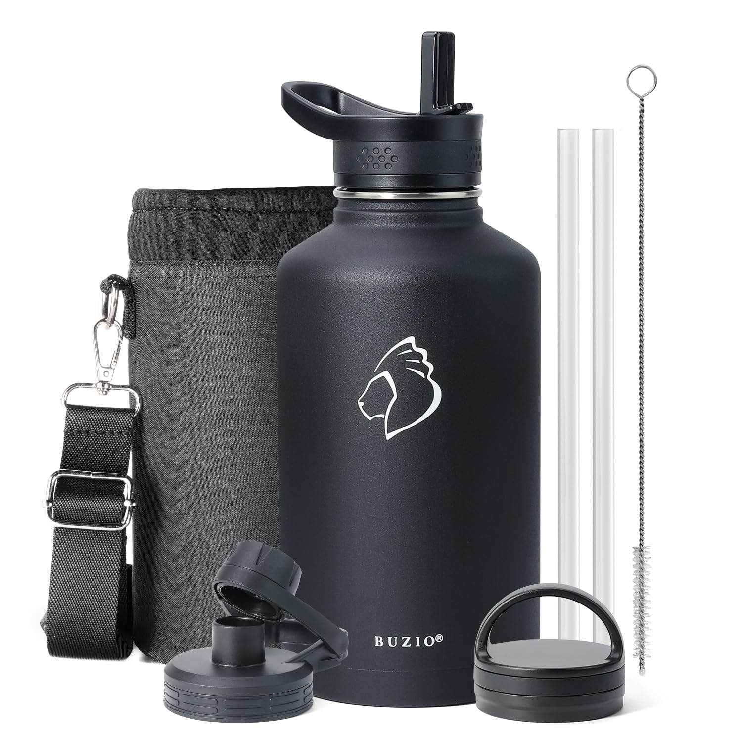 BUZIO Insulated Water Bottle with Straw 2L, Stainless Steel Insulated Water Bottle, Half Gallon Canteen Metal Thermo Mug Hydro Jug, Double Vacuum Hot Cold Water Bottles Carrying Pouch, Black