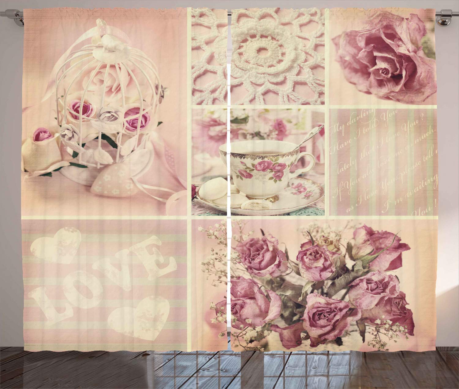 ABAKUHAUS Shabby Flora Curtains, Grandmother Mothers Day Vintage Themed Lace Cage Cups Flowers, Living Room Bedroom Window Drapes 2 Panel Set, 89 L X 110 W, Lilac Pale Pink and White