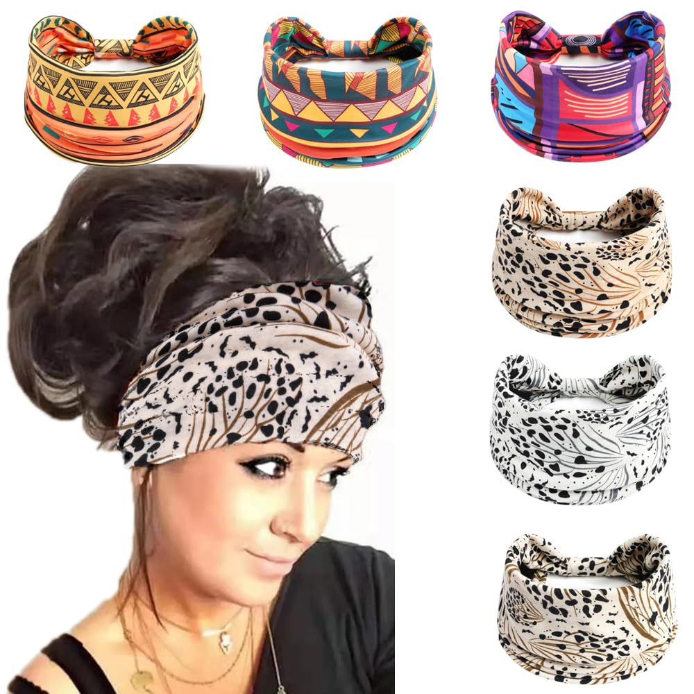 HUANMAYE 6Pcs Headbands for Women Wide Knotted Turban Bandana Boho Head Scarfs Wraps Yoga Hairbands Fabric Elastic Headband Sport Running Headscarves (Africa headband) — image 1