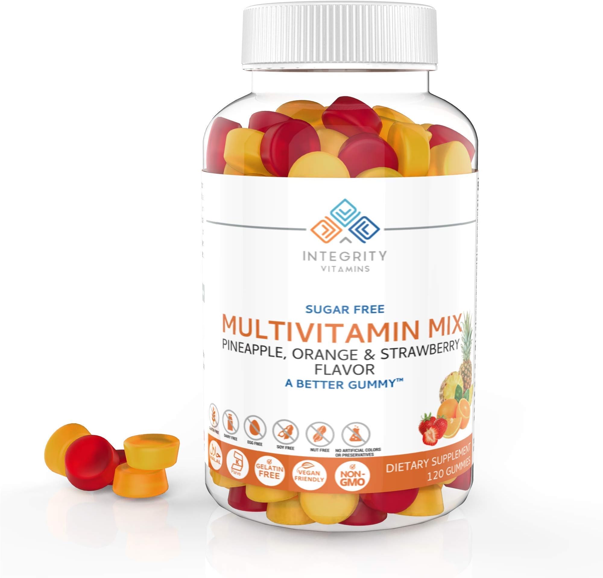 Integrity Vitamins Sugar Free Multivitamin Gummies, All Natural, Vegan, Sugar-Free, Gelatin Free, Pineapple/Orange/Strawberry Flavored Gummy Vitamins - 120 Count