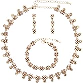 QLLYHLH Pearls Wedding Jewelry Set Austrian Crystal Choker Necklace Earrings Link Bracelet Brides Bridesmaid Prom Party Costume Accessories for Women