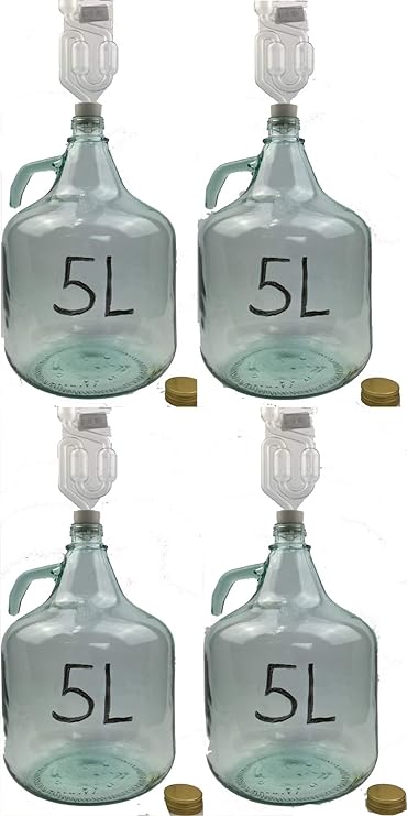 Unbekannt 4 x Set 5L Flasche + Stopfen + Gärröhrchen Weinballon Gärballon Glasflasche Gärbehälter