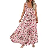 CURBODO Women's Summer Maxi Dress Boho Spaghetti Straps Casual Long A-line Smocked Beach Dress Square Neck Flowy Sun Dress