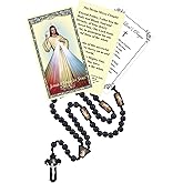 Trendzeen Laminated Divine Mercy Chaplet Prayer Card - Divine Mercy Rosary, The Lord's Prayer Card - Black Corded Divine Mercy Rosary Beads Catholic Prayer Accessory, Holy Cards Set - 3 Items Total