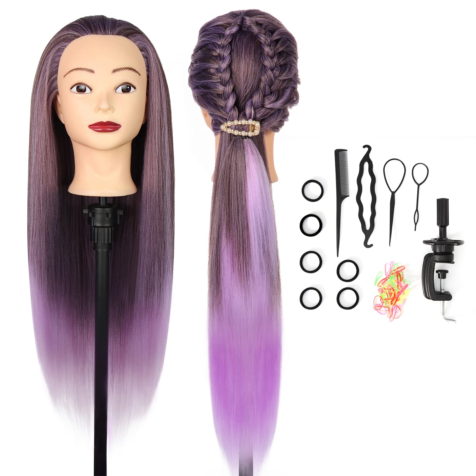 Auzass Hairdressing Head, Soft 26-28Inch Training Head 100% Synthetic Fiber Hair Mannequin Head Hairstyling Dolls Head with Table Clamp+Braid Set, Present for Girls Kids Hairdressers