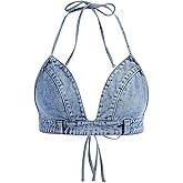 SHENHE Women's Denim Halter Top Tie Backless Triangle V Neck Sexy Jean Crop Top Country Western Bustier
