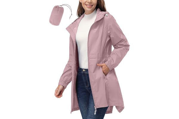 33,000ft Women's Waterproof Long Rain Coats Packable Rain Jacket with Hood Trench Coats Windbreaker