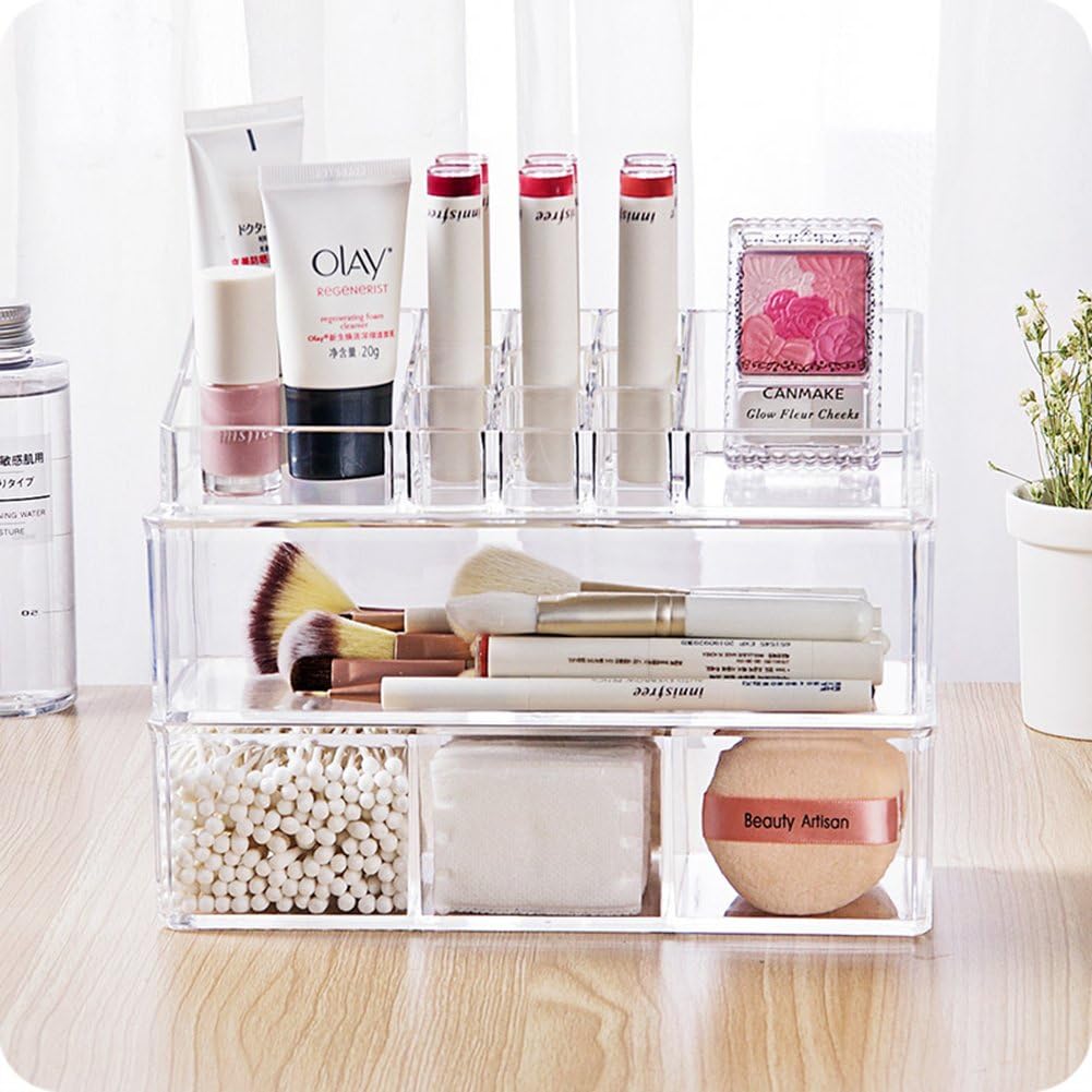 XUZOG Clear Acrylic Lipstick Holder & Makeup Brush Storage, Cosmetic Organizer Three Trays