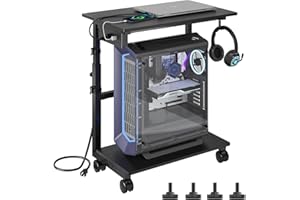 HavenlyYouth 2-Tier Computer Tower Stand with Power Outlet, Height Adjustable PC Tower Stand with Wheels, ATX-Case CPU Holder Cart with Hooks for Home, Office, Gaming (Black)