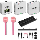 Rode Wireless GO (Gen 3) White Wireless Microphone Bundle with 2X Pink Interview GO Handheld Adaptors &mdash; 32-bit Float Wireless Mic Kit for Interviews, Reporting, Wedding Coverage, Vlogging