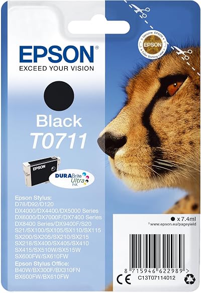 Epson T0711 Black Ink Cartridge DURABrite Ultra C13T07114012 Cheetah