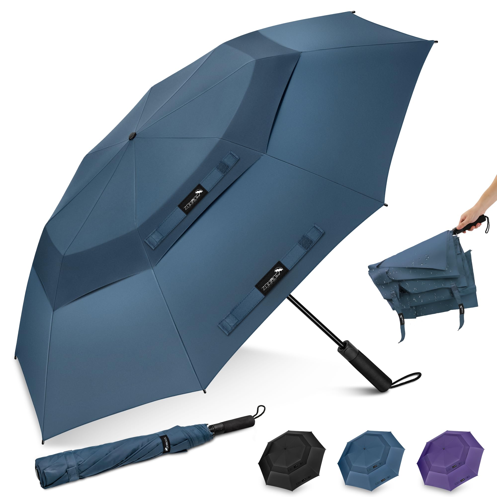 ZOMAKE Golf Umbrella Windproof and Rainproof 62in, Compact Large Umbrella, Big Folding Golfing Brolly Windproof Strong Double Canopy Unbreakable for Men Women (Navy Blue)