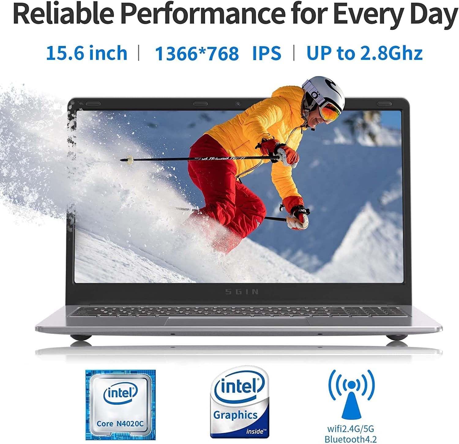 SGIN Laptop 4GB DDR4 128GB SSD, 15.6 Inch Laptops Computer with Intel Celeron Quad Core Processor (up to 2.5 GHz), Intel UHD Graphics 600, Mini HDMI, WiFi, Webcam, USB3.0, Bluetooth 4.2