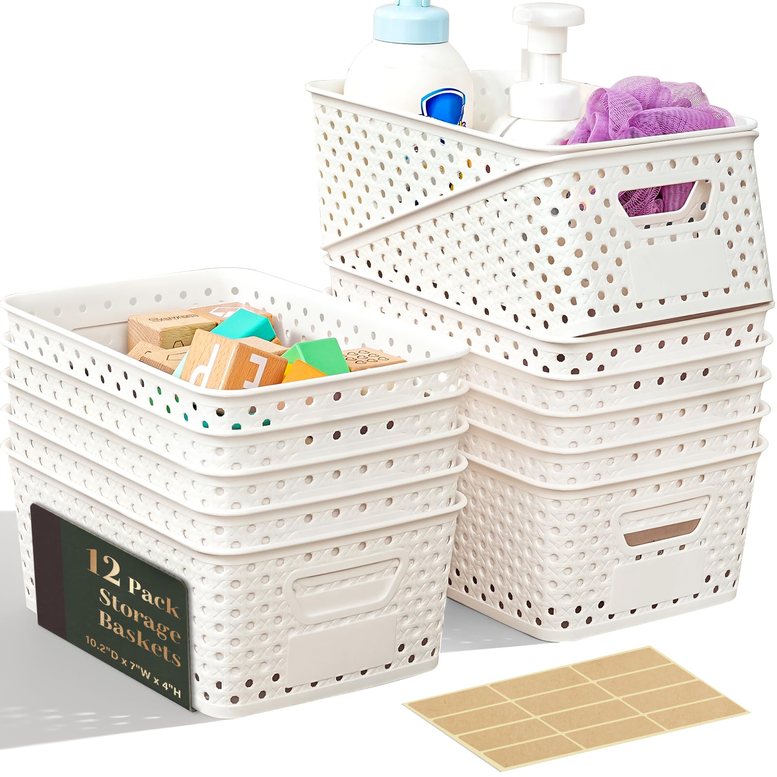 Photo 1 of 12 Pack Plastic Storage Baskets for Organizing, Storage Baskets for Shelves with Handles, Small Storage Bins with Labels, Organizer Baskets for Cabinet,Closet, Office
