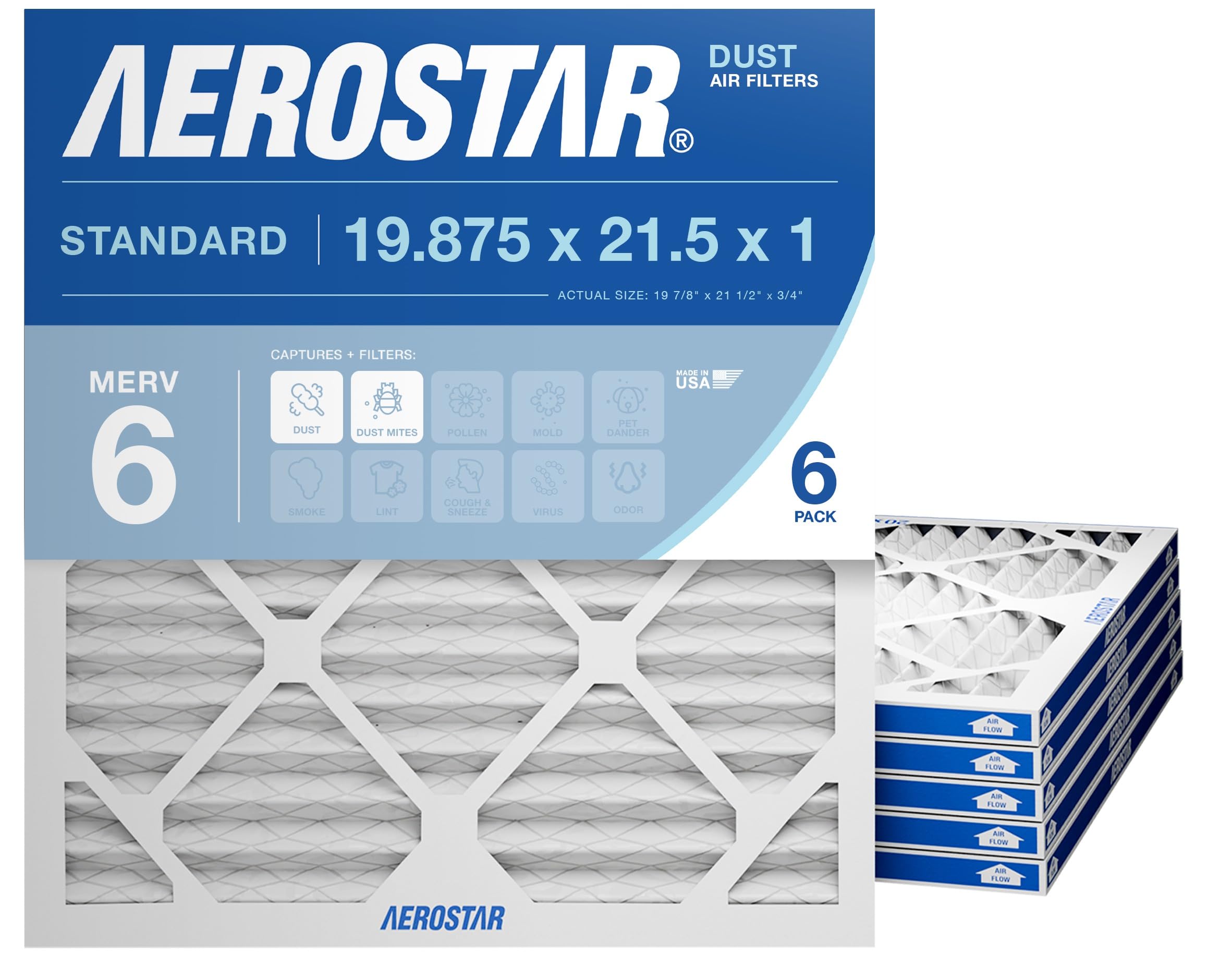 Aerostar 19 7/8 x 21 1/2 x 1 MERV 6 Pleated Air Filter, AC Furnace Air Filter, 6 Pack (Actual Size: 19 7/8"x21 1/2"x3/4") Image