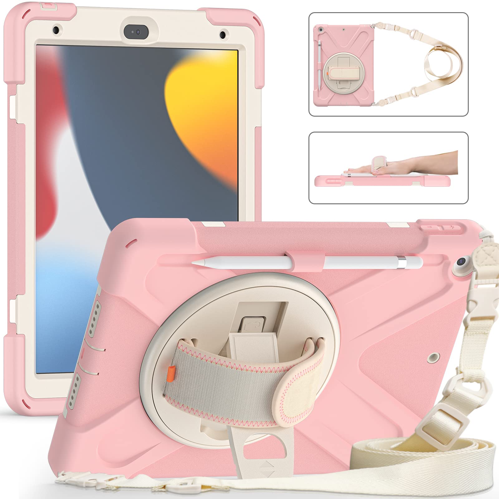 UFinetech iPad 9th Generation Case, iPad 10.2 2019 Case, iPad Case 7th/8th, 360 Rotate Stand Hand Strap Shoulder Strap Pencil Holder, Drop-Proof Protective Kids iPad Case 2021/2020/2019, Sakura Pink