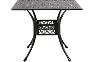 VIVIJASON 35.4" Outdoor Patio Dining Square Table Bronze Cast Aluminum Rustic Large Patio Table with Umbrella Hole