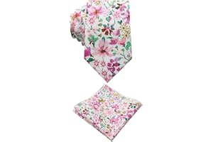 Mantieqingway Floral Ties for Men Cotton Skinny Flower Neckties with Handkerchief Mens Floral Tie for Wedding Graduation