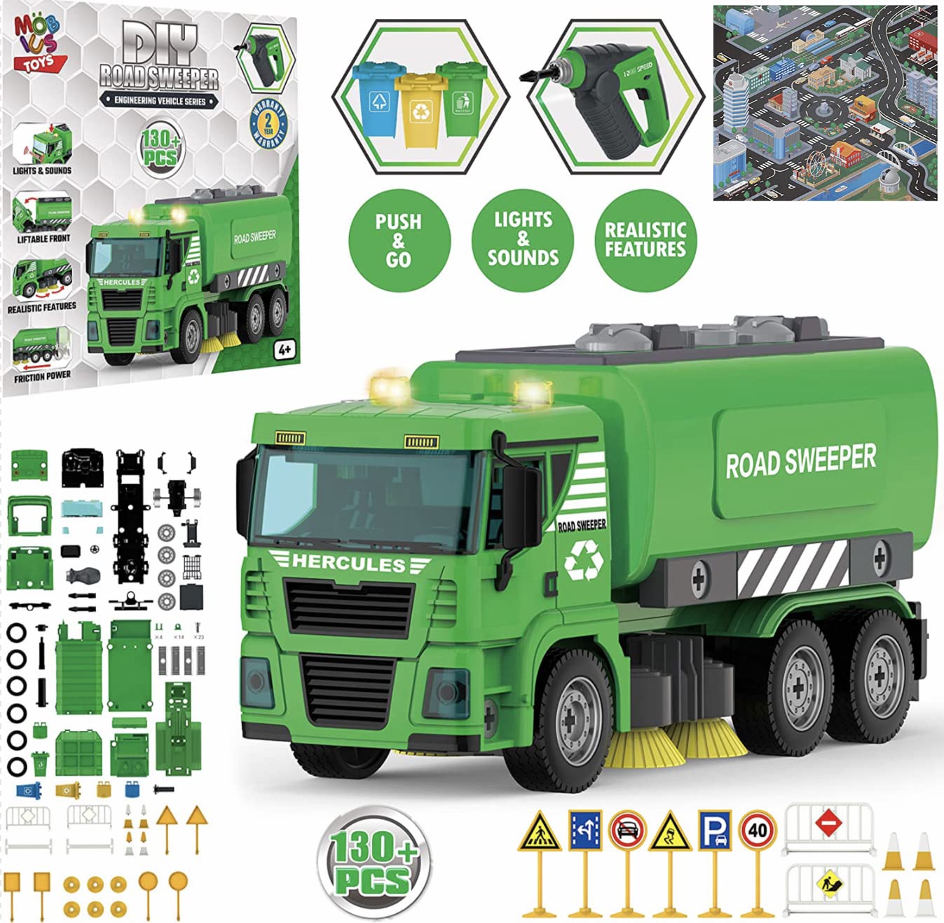 Street Sweeper Toy - 130 Pcs Friction Power STEM Take Apart Toys with Drill, Push & Go Lights & Sounds for Kids - Sanitation Trash Construction Vehicle Playset for Boys Ages 4 5 6 7 8 Years Old